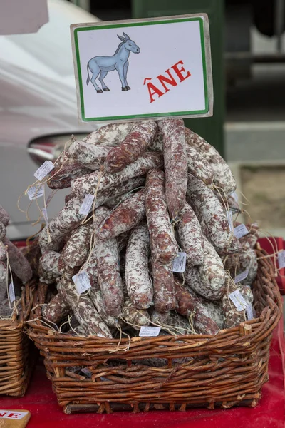 Sausages made from donkey for sale at a market in Normandy, France