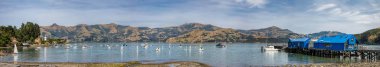Akaroa Yeni Zelanda 4th Ocak 2015: Panoramik Akaroa, South Island, Yeni Zelanda