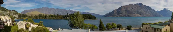 Panoramiczny Widok Queenstown Port Pasmo Górskie Remarkables Nowa Zelandia — Zdjęcie stockowe