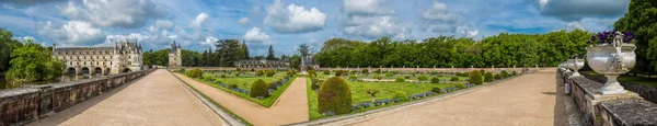 Panoramic view of the Gardens at the Chateau de Chenonceau sitting astride the river Cher, near the small village of Chenonceaux in the Indre-et-Loire department of the Loire Valley in France