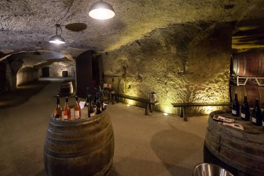 Chinon Fransa 11th Mayıs 2013: Yeraltı şarap mahzeni kapı ve Chinon Fransa'da tatma