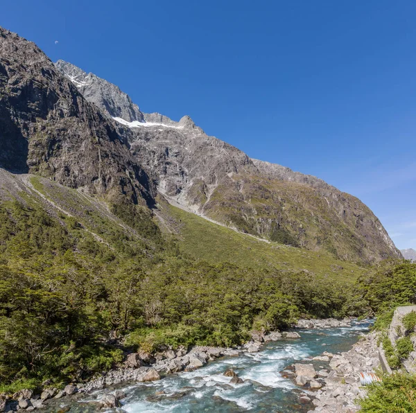 Mountain and stream with crystal pure water on the south island of New Zealand