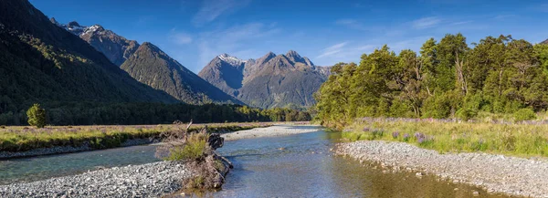 Panoramablick Auf Kristallklares Reines Wasser Fingerhutpalmen Und Eine Bergkette Neuseeland — Stockfoto