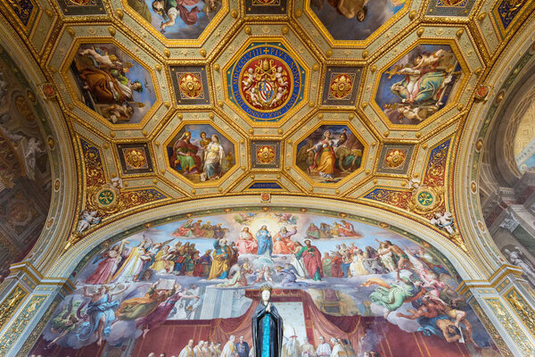 Rome Italy June 27 2015 : Close-up of the stunning ceiling details inside the Vatican museum in Rome