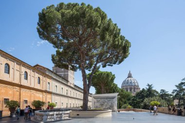 Roma İtalya 27 Haziran 2015: doğru yerde avlu Roma, St Peter's cathedral arka planda kubbe Vatikan Müzesi'nde yürüyüş
