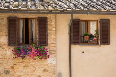 San Gimignano, Tuscany, İtalya güzel Petunya çiçek dolu bir flowertbox ile kahverengi kepenkli pencere