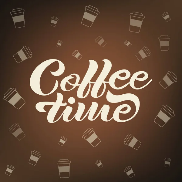 コーヒー タイム ベクターの手描きのカップと暗い背景のレタリング — ストックベクタ