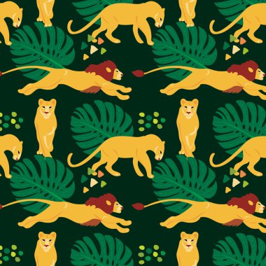 Vektör el aslanlar ile düz dikişsiz desen çizilmiş