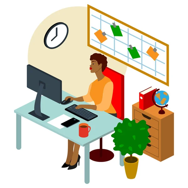 Vektör izometrik ofis çalışanı düz çizim. Güzel kız.