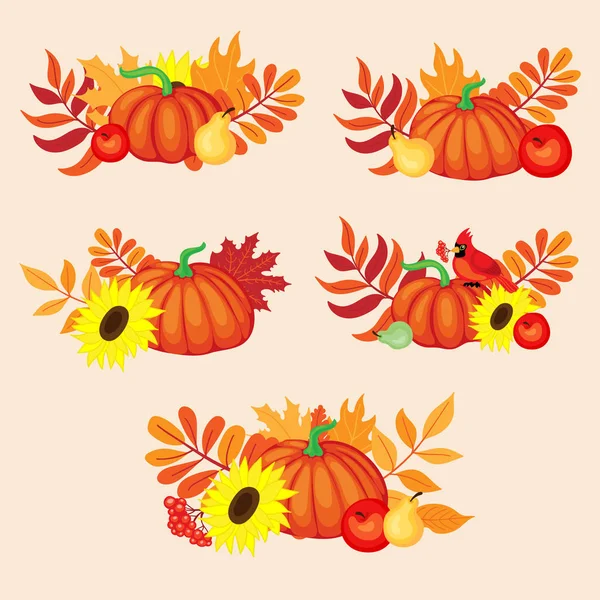 Vector hand drawn set of Happy Thanksgiving day compositions. Fl — Stock Vector