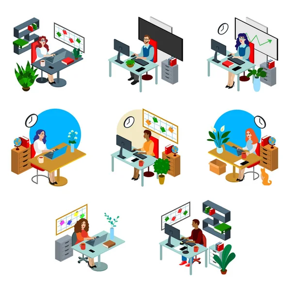 İzometrik ofis çalışanlarının vektör kümesi düz çizimler. Güzelim.