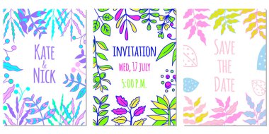 Vektör botanik el çizimi rengarenk bir düğün davetiyesi.