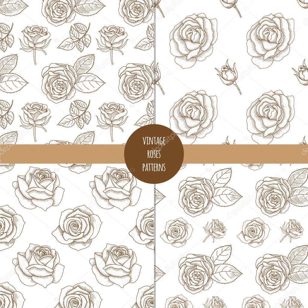 Set of vector vintage hand drawn seamless patterns with roses. F
