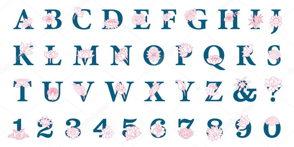 Vector hand drawn elegant alphabet with flowers. Letters with fl