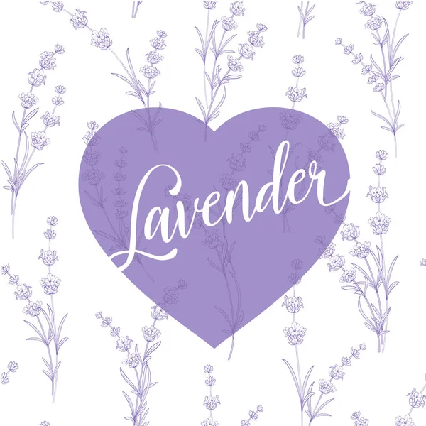 Label Dalam Bentuk Hati Dengan Tanda Lavender Menentangnya Pola Bunga - Stok Vektor