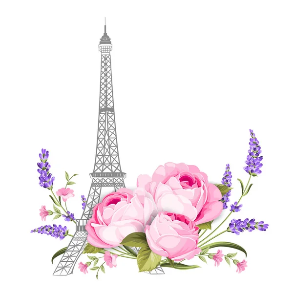 De Eiffel toren kaart. Eiffel toren Zeppelin met lente bloemen bloeien op witte achtergrond. — Stockvector