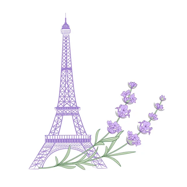 Torre Eiffel con flores de lavanda aisladas sobre fondo blanco. La tarjeta elegante lavanda. Símbolo de torre Eiffel con flores de primavera para la invitación de boda . — Archivo Imágenes Vectoriales