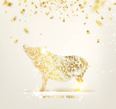 Zodyak sembolü eğrileri şerit konfeti ile. Altın konfeti arka plan üzerine düşüyor.