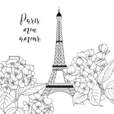 Eyfel Kulesi Tour Eiffel işaretiyle eski Kağıt arka plan üzerinde bahar çiçek açan çiçekler simgesiyle. Düğün romantik kartı.