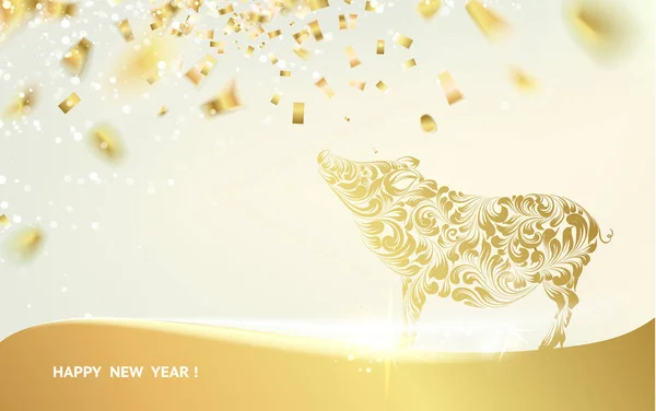 Schweinesilhouette über goldener Weihnachtskarte. — Stockvektor