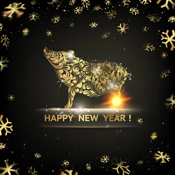 Feliz año nuevo. Plantilla de oro sobre fondo negro con chispas doradas . — Vector de stock