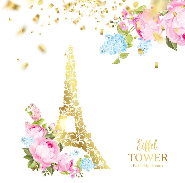 Icône tour Eiffel avec confettis dorés tombe isolé sur fond blanc et fleurs printanières en fleurs dans le fond . — Image vectorielle