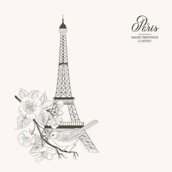 Oiseau assis sur un brunch avec tour eiffel isolé sur fond blanc . — Image vectorielle