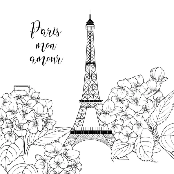 Icono de la torre Eiffel con flores de primavera sobre fondo de papel viejo con signo Tour Eiffel. Tarjeta romántica de boda . — Archivo Imágenes Vectoriales