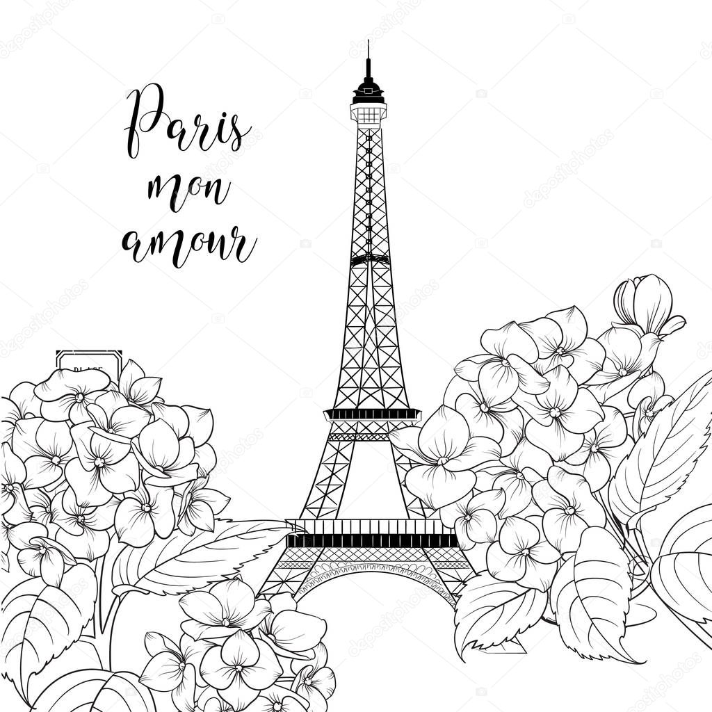 Eiffel tower icon with spring blooming flowers over old paper background with sign Tour Eiffel. Wedding romantic card.