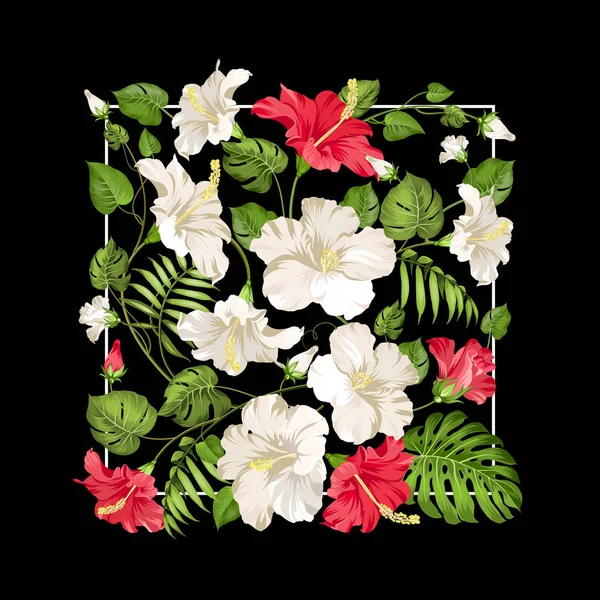 Witte en rode hibiscus bloemen in Rechthoekkader op zwarte achtergrond. — Stockvector