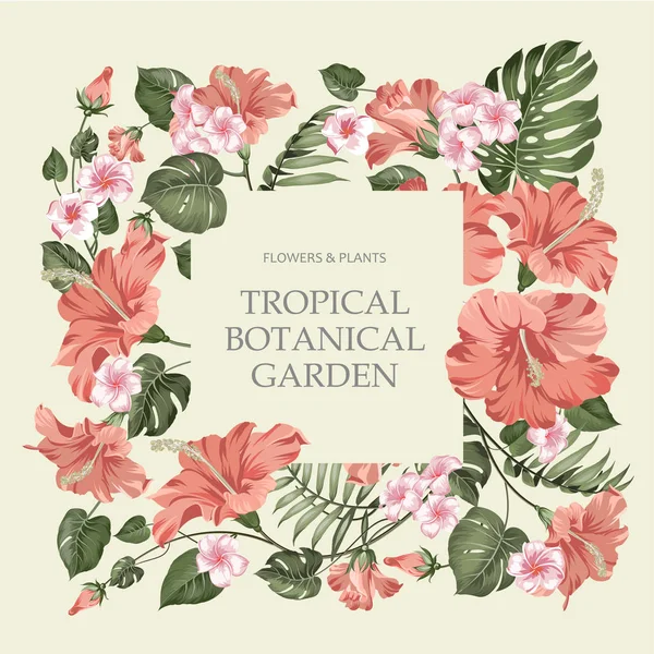 Marco de flores tropical con texto de plantilla sobre fondo gris. Iniciar sesión en el centro Tropical Botanical Garden . — Archivo Imágenes Vectoriales