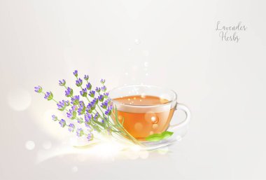 Aroma çay fincanı lavanta gri arka plan üzerinde uçan daire ve bokeh ışık ile.