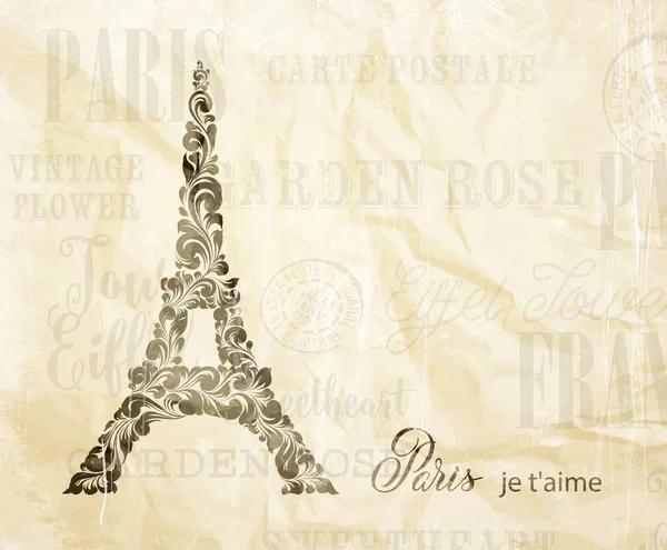 Icône tour Eiffel sur fond vieux papier. Carte romantique mariage . — Image vectorielle