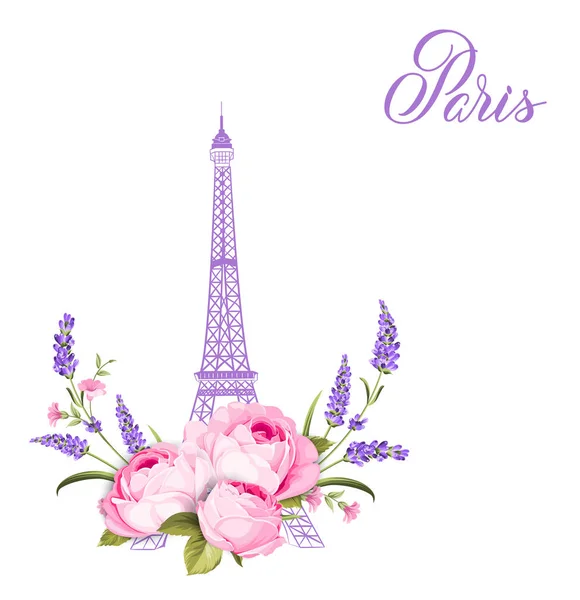 Torre Eiffel con fiori di lavanda isolati su sfondo bianco. La lavanda elegante carta. Torre Eiffel simbolo con fiori fioriti primaverili per l'invito al matrimonio . — Vettoriale Stock