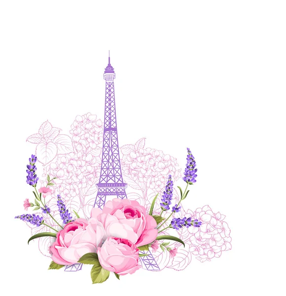 Eiffeltornet med ros blommor isolerade över vit bakgrund. Den eleganta kortet semester. Eiffel tower symbol med våren blommande blommor för bröllopsinbjudan. — Stock vektor