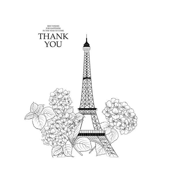 Modello di biglietto d'invito al matrimonio. Torre Eiffel Simbol con fiori fioriti primaverili su bianco con segno Grazie . — Vettoriale Stock