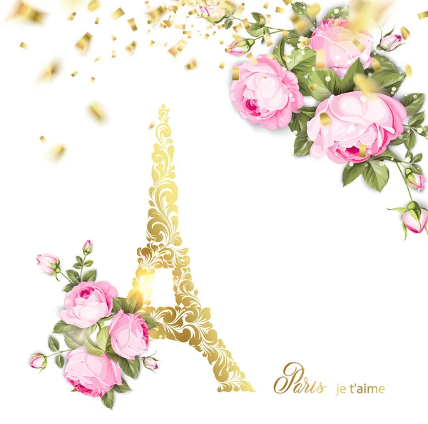 Eiffel toren pictogram met gouden confetti dalingen geïsoleerd op een witte achtergrond en bloeiende Lentebloemen in de bodem. — Stockvector