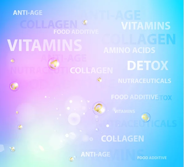 Concepto de cuidado de la piel para la etiqueta cosmética de la crema. Burbujas doradas con letras de vitaminas sobre fondo azul . — Vector de stock