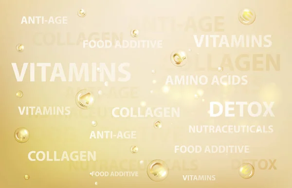 Bőrápoló kozmetikai címke krém koncepció. Arany buborékok vitamin betűk mint arany háttér. — Stock Vector