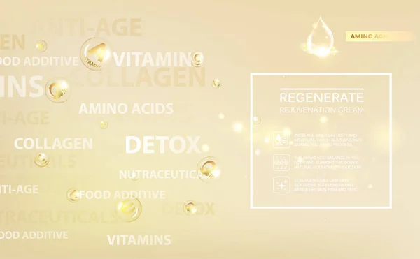 Crema regenerada y etiqueta de vitaminas. Concepto Cuidado de la piel cosmética. Esfera burbujas con letras de vitaminas sobre el fondo dorado . — Vector de stock