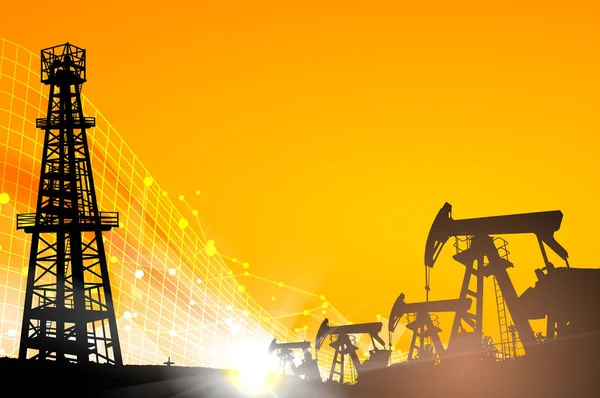 Pól naftowych na zachód słońca. — Wektor stockowy
