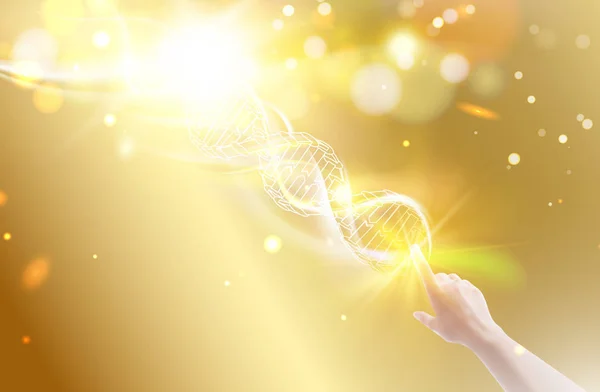 Ilustración científica del ADN. Concepto de ingeniería genética y manipulación. La mano humana está cambiando parte de una molécula de ADN . — Vector de stock