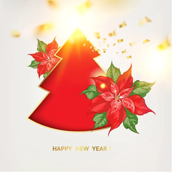 Sapin de Noël rouge avec fleur de poison et confettis dorés sur le fond . — Image vectorielle
