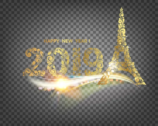 Eiffel tower icon with golden confetti 2019 sign isolated over transparent background. — Stock Vector