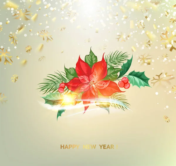 Fantasie fir kerstboom met poisettia bloem en gouden confetti op achtergrond. — Stockvector