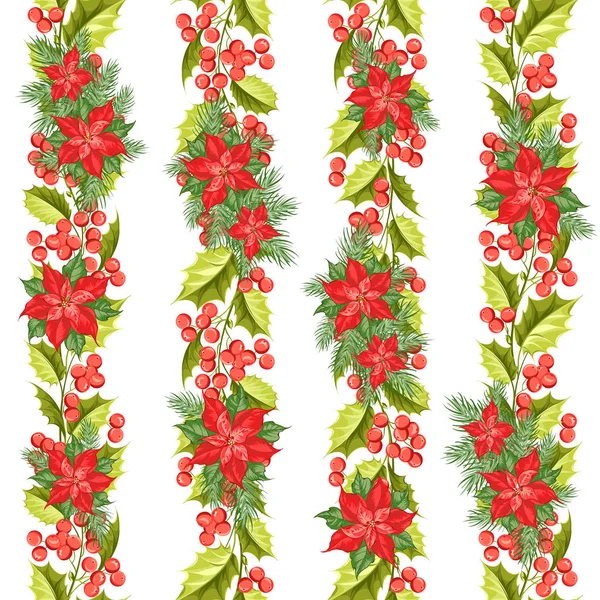 Red poinsettia flower pattern. Seamless holiday background with christmas star. Handmade floral pattern with poinsettia. — Stock Vector