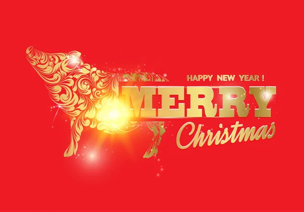 The pig - a new year symbol of 2019. Merry christmas card over red background with golden piglet. Text sign Merry Christmas. — Stock Vector