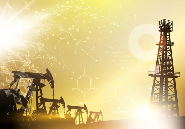 Petrolio derrick macchina industriale per la perforazione. Infografica del derrick petrolifero con fasi di produzione di olio di processo. Immagine industria petrolifera con stile dorato . — Vettoriale Stock