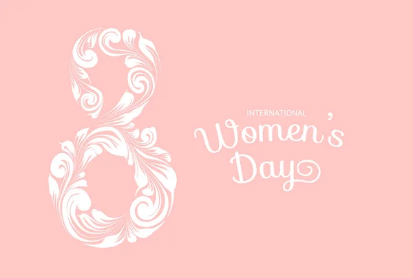 Beautiful card with white symbol of 8 on pink background. Happy women day design. March holiday poster. — Stock Vector