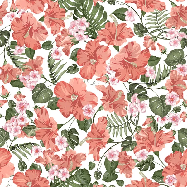 Fleur tropicale sans couture. plumeria tropicale, hibiskus et feuilles de palmier. Échantillon de tissu avec des fleurs paradisiaques isolées sur fond blanc. Fleurs florales pour un fond de motif sans couture . — Image vectorielle